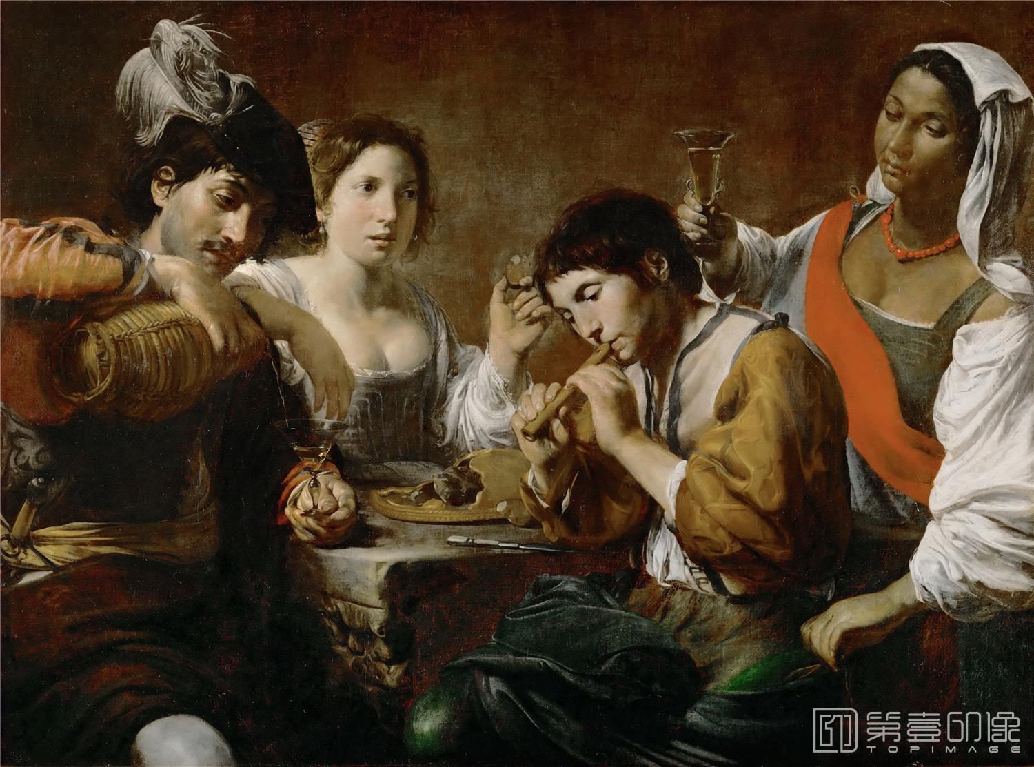 油画-卢浮宫-Valentin de BoulogneReunion in a Cabaret-1803